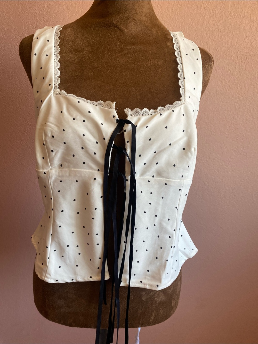 ALTARD ‘STATE Cream  Polka Dot Lace-Trim Tie-Front Crop Top
